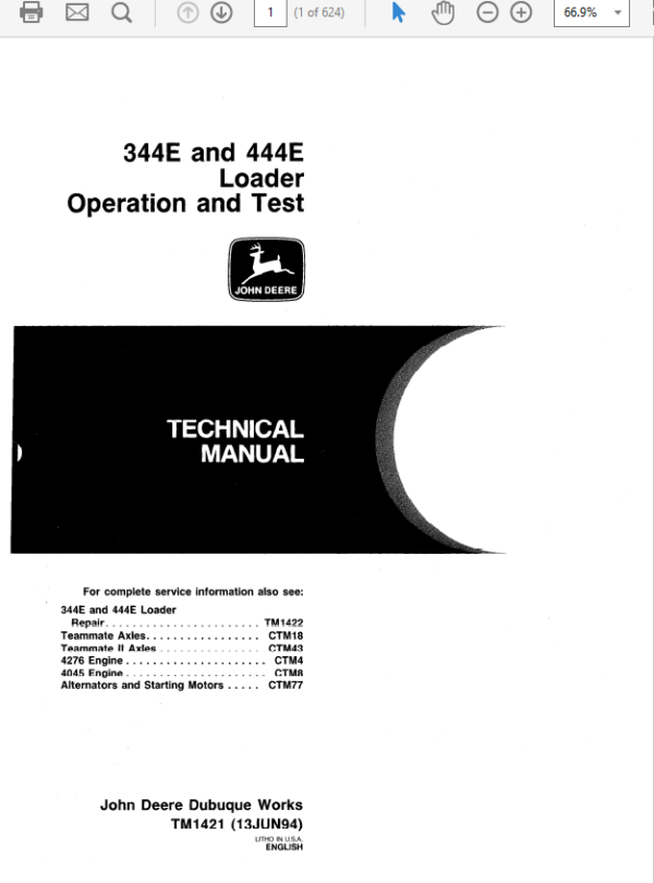 John Deere 344E, 444E Loader Service Manual TM-1421 & TM-1422