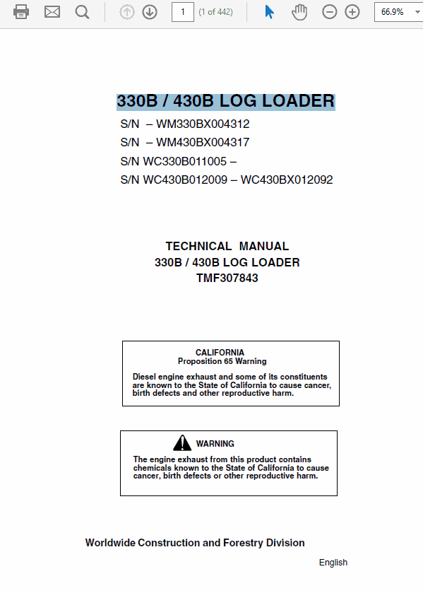 John Deere 330B, 430B Log Loader Service Manual TM-F307843