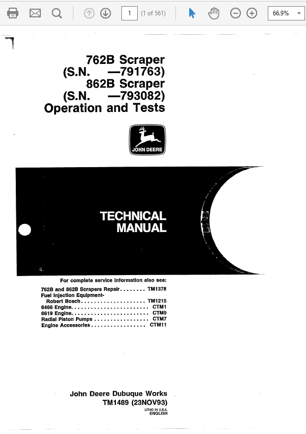 John Deere 762B, 862B Scraper Service Manual TM-1489 & TM-1490