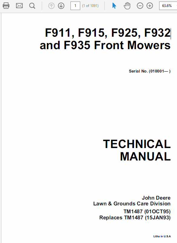 John Deere F911, F912,  F915, F925, F932, F935 Front Mowers Service Manual