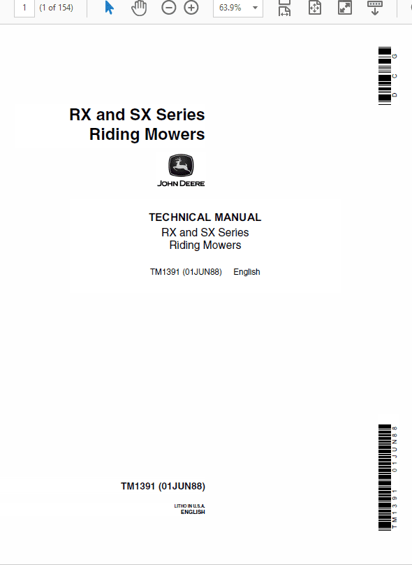 John Deere RX63, RX73, SX75, RX95, SX95 Mowers Service Manual TM-1391