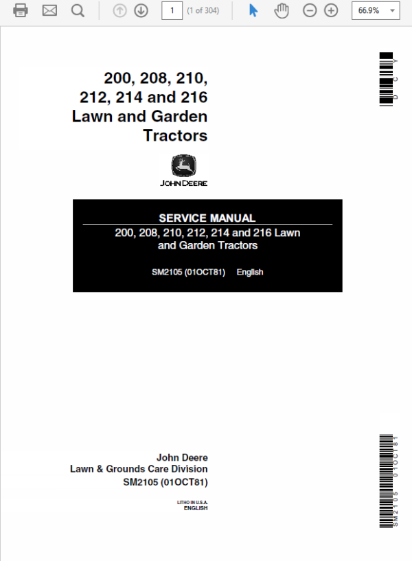 John Deere 200, 208, 210, 214, 216 Lawn and Garden Manual SM-2105