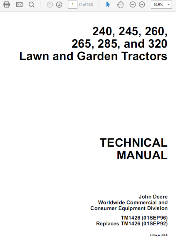 John Deere 240, 245, 260, 265, 285, 320 Lawn Garden Tractors Service Manual