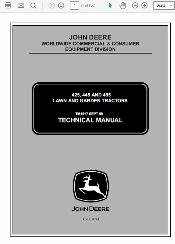 John Deere 425, 445 and 455 Lawn and Garden Tractors Service Manual TM-1517