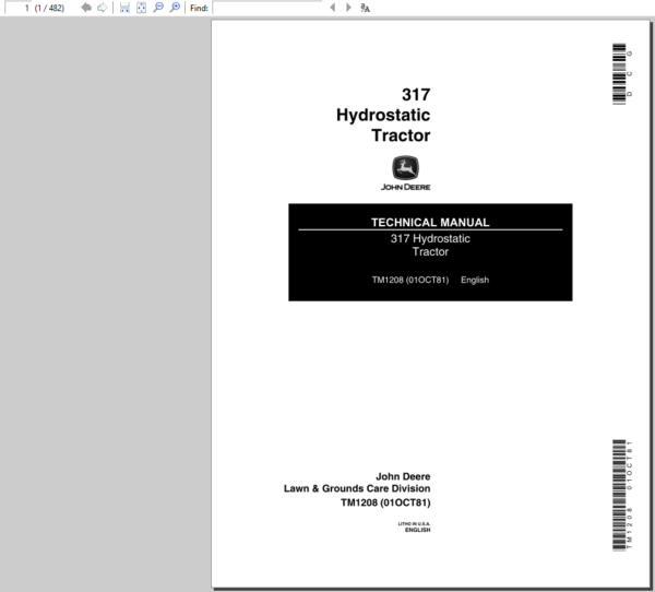 John Deere 317 Hydrostatic Tractor Service Manual TM-1208