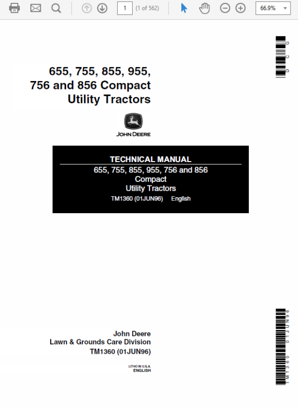 John Deere 655, 755, 855, 955, 756 and 856 Compact Tractors TM-1360