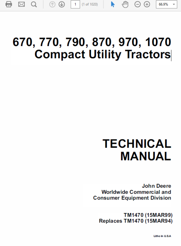 John Deere 670, 770, 790, 870, 970, 1070 Compact Utility Tractor Service Manual TM-1470