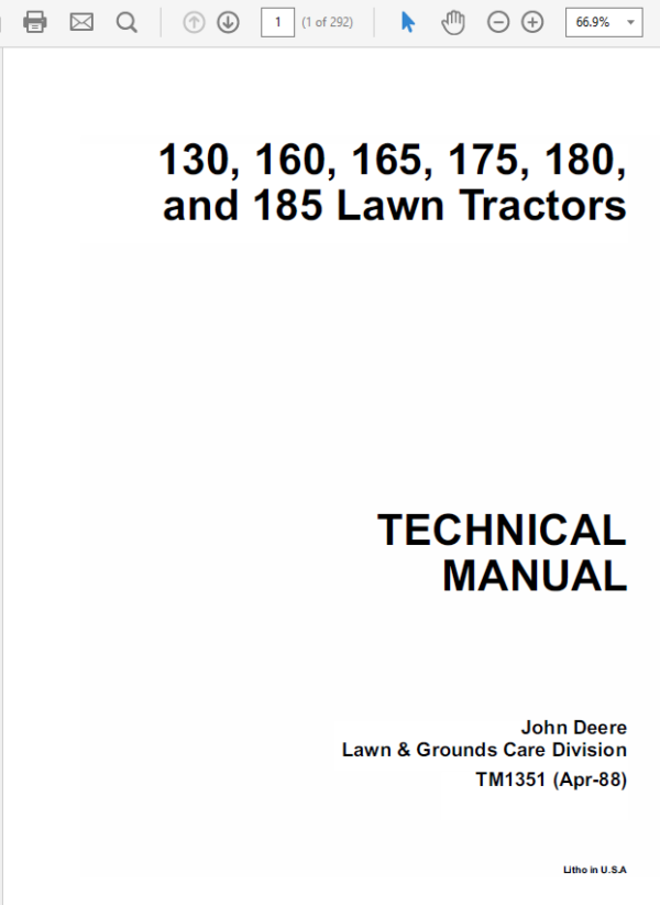 John Deere 130, 160, 165, 175, 180, 185 Lawn Tractors Service Manual