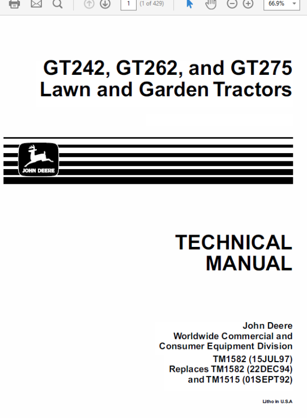 John Deere GT242, GT262, GT275 Lawn and Garden Tractors TM-1582