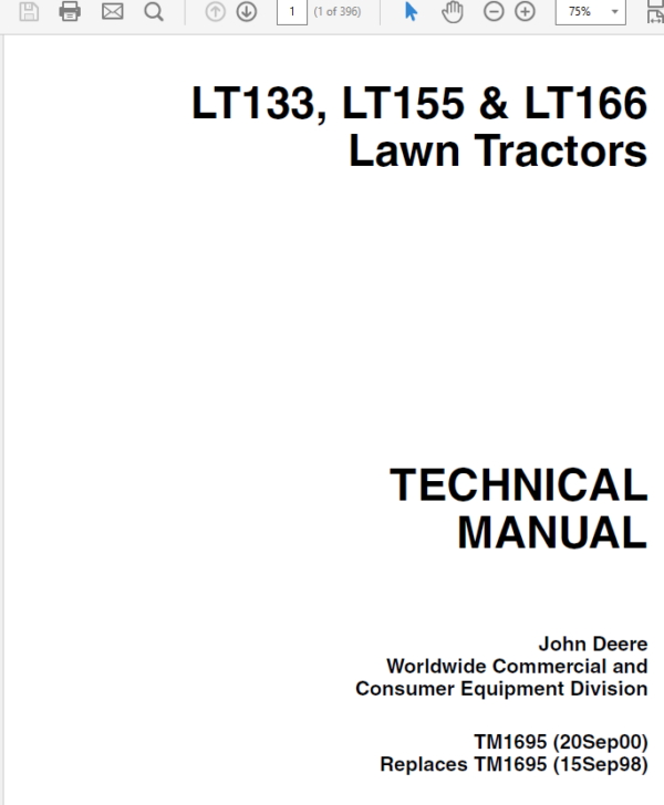 John Deere LT133, LT155, LT166 Lawn Tractor Service Manual TM-1695