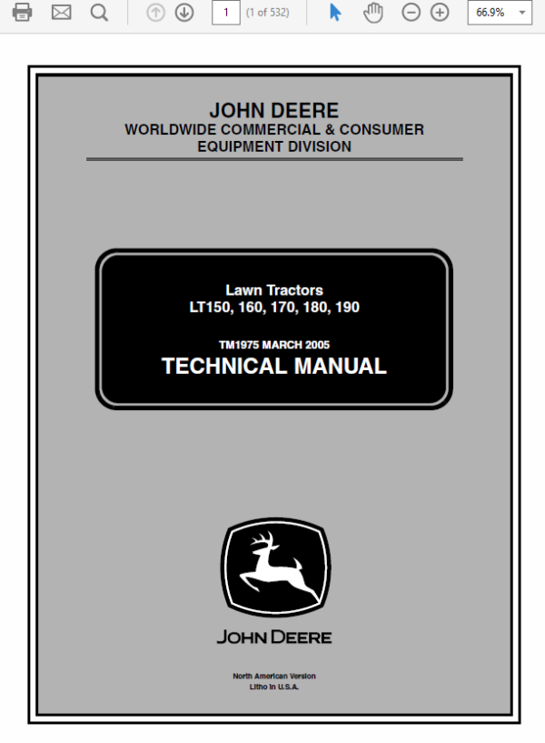 John Deere LT150, LT160, LT170, LT180, LT190 Lawn Tractors Service Manual TM-1975