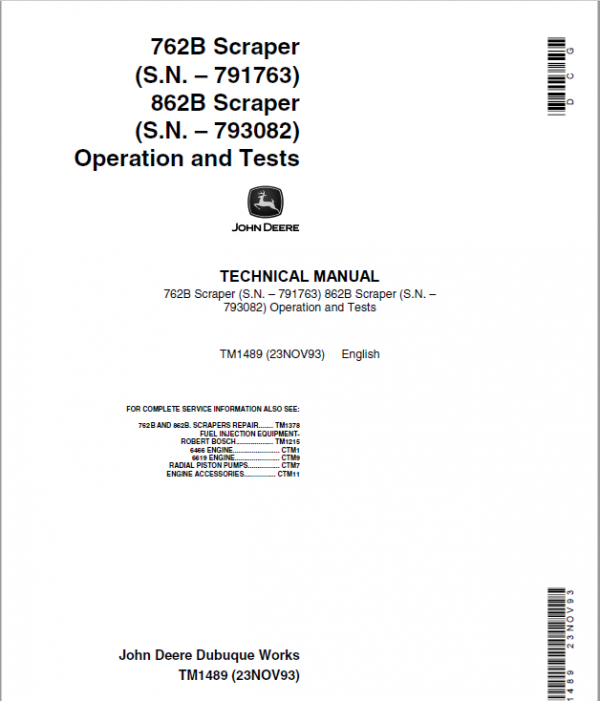 John Deere 762B, 862B Scraper Service Manual TM1489 & TM1490