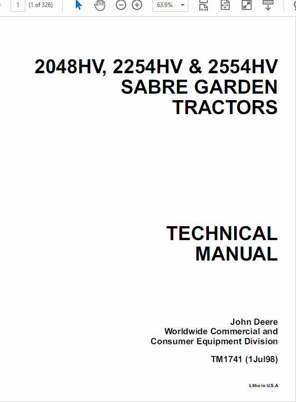 John Deere Sabre Garden Tractors 2048HV, 2254HV & 2554HV Service Manual