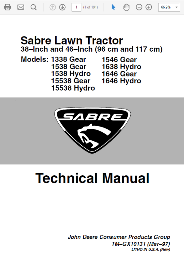 John Deere Sabre Lawn Tractors 1338 1538 1546 1638 Service Manual