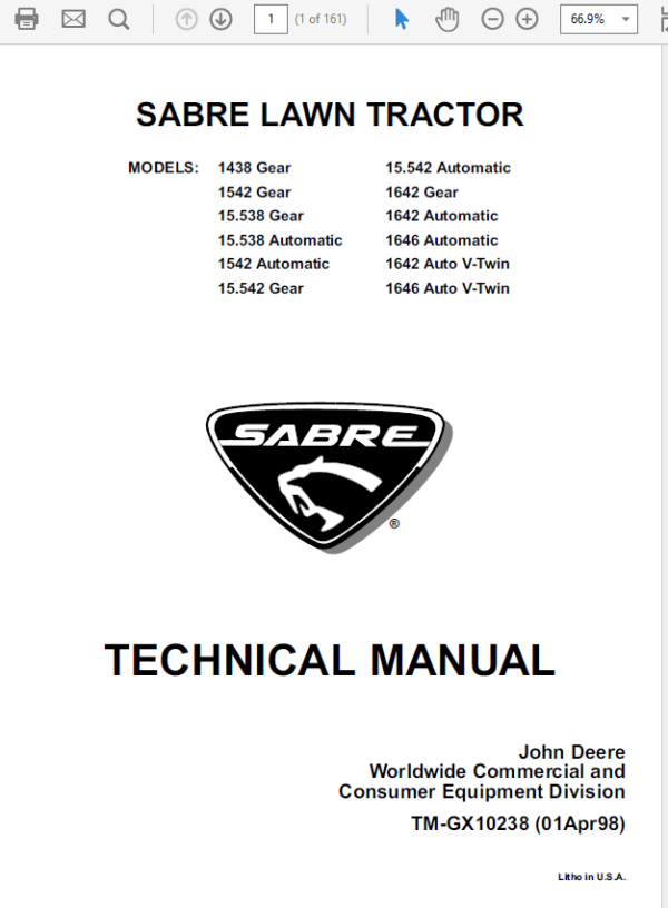 John Deere Sabre Lawn Tractors 1438 1542 1642 1646 Service Manual