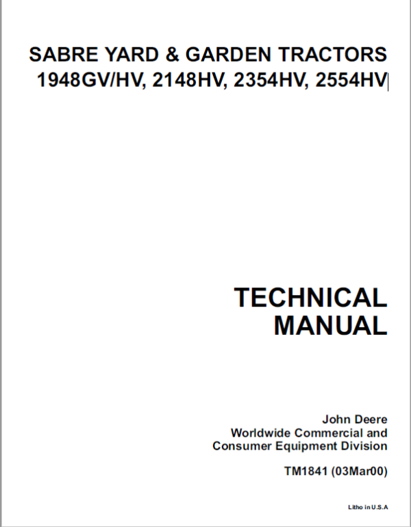 John Deere Sabre Tractors 1948GVHV, 2148HV, 2354HV, 2554HV Service Manual