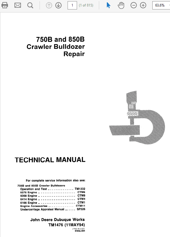 John Deere 750B, 850B Crawler Bulldozer Service Manual TM-1476