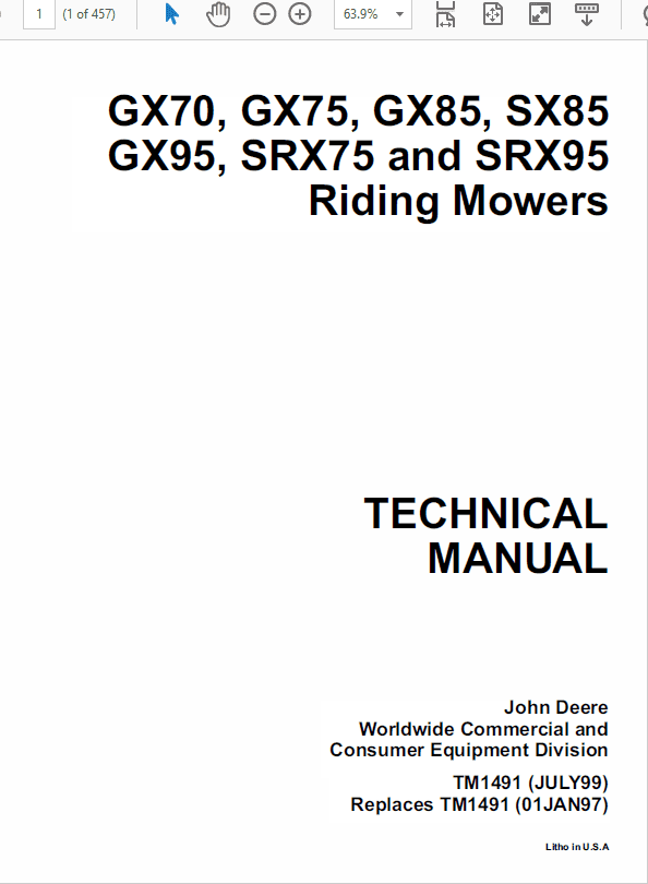 John Deere GX70, GX75, GX85, SX85, GX95, SRX75, SRX95 Mowers Service Manual