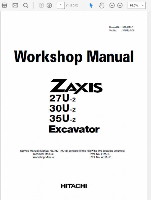 Hitachi Zaxis Zx27u-2, Zx30u-2, Zx35u-2 Excavator Service Manual