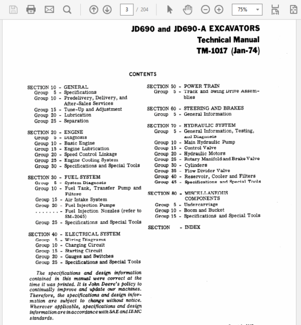 John Deere 690, 690A Excavator Service Manual TM-1017