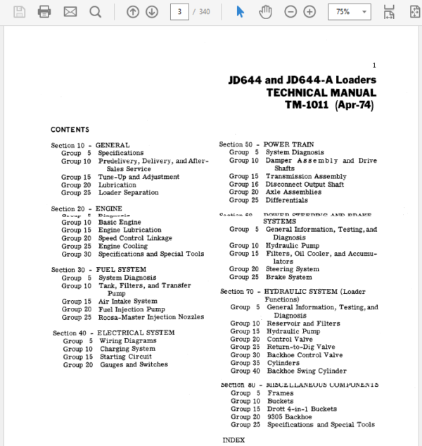 John Deere 644, 644A Loader Service Manual TM-1011