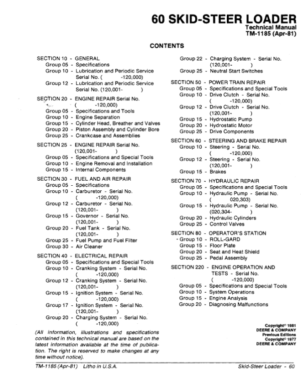 John Deere 60 Skid-Steer Loader Service Manual TM-1185