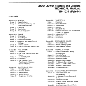 John Deere 301- 401 Tractors and Loaders Service Manual TM-1034