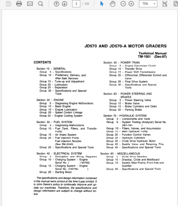 John Deere 570, 570A Motor Grader Service Manual TM-1001