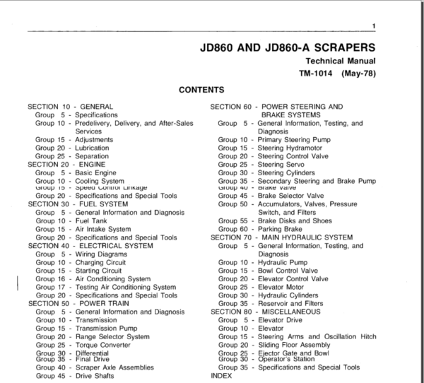 John Deere 860 and 860A Scraper Service Manual TM-1014