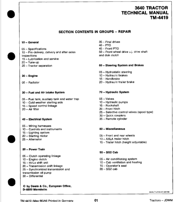 John Deere 3640 Tractor Service Manual TM-4419