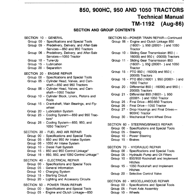 John Deere 850, 900HC, 950 and 1050 Tractors Service Manual TM-1192