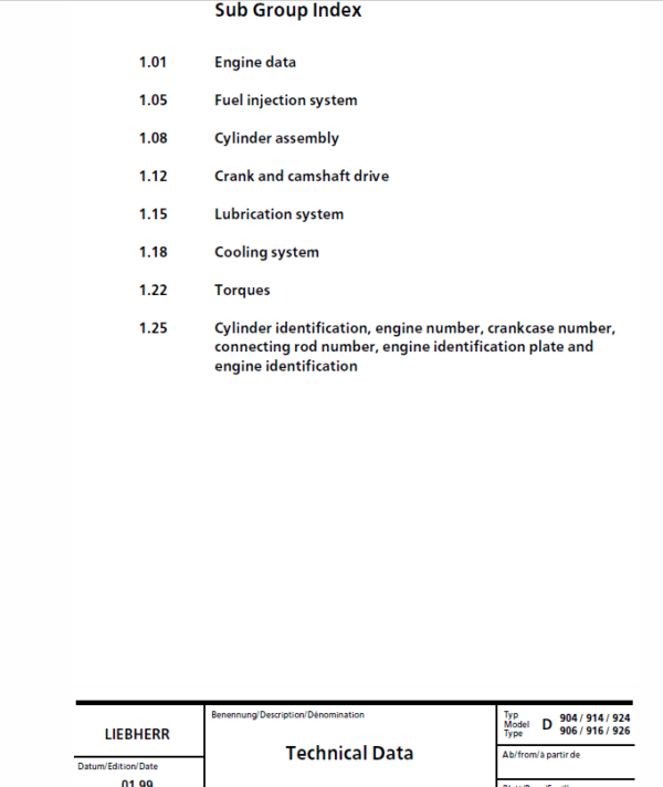 Liebherr Diesel Engine D904 – D906, D914 – D916, D924 – D926 Manual TM-1849 & TM-2223