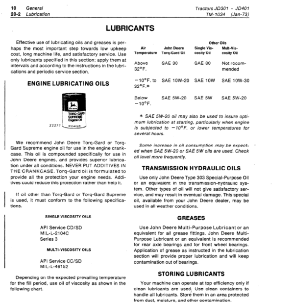 John Deere 301- 401 Tractors and Loaders Service Manual TM-1034