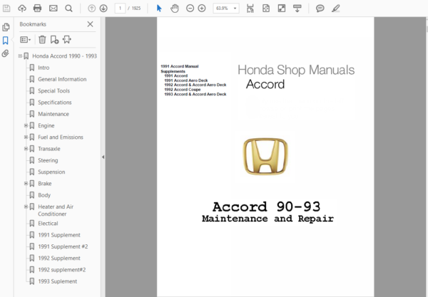 Honda Accord 1986, 1987, 1988, 1989, 1990, 1991, 1992,1993 Repair Manual