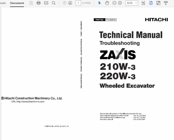 Hitachi ZAXIS ZX210W-3 and ZX220W-3 Excavator Service Manual