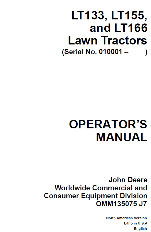 John Deere LT133, LT155, LT166 Lawn Tractor Service Manual TM-1695