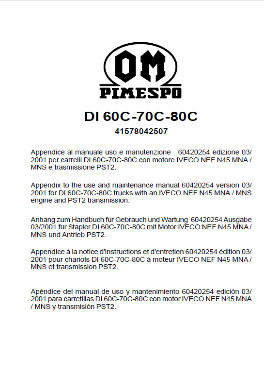 OM Pimespo DI50CH, DI60C, DI70C and DI80C Forklift Workshop Manual