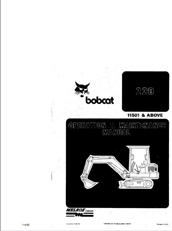 Bobcat X220 Excavator Service Manual