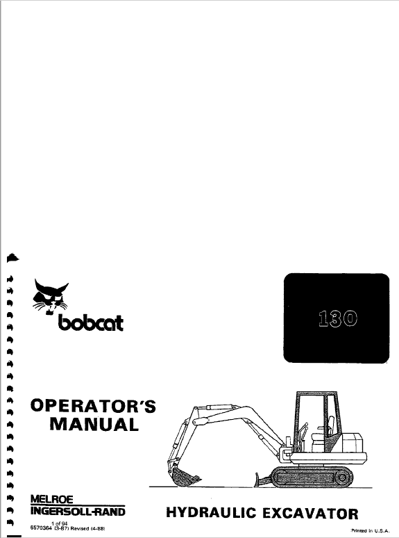 Bobcat 130 Hydraulic Excavator Service Manual