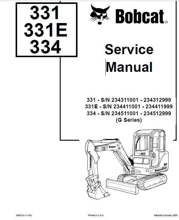 Bobcat 331, 331E and 334 Excavator Service Manual