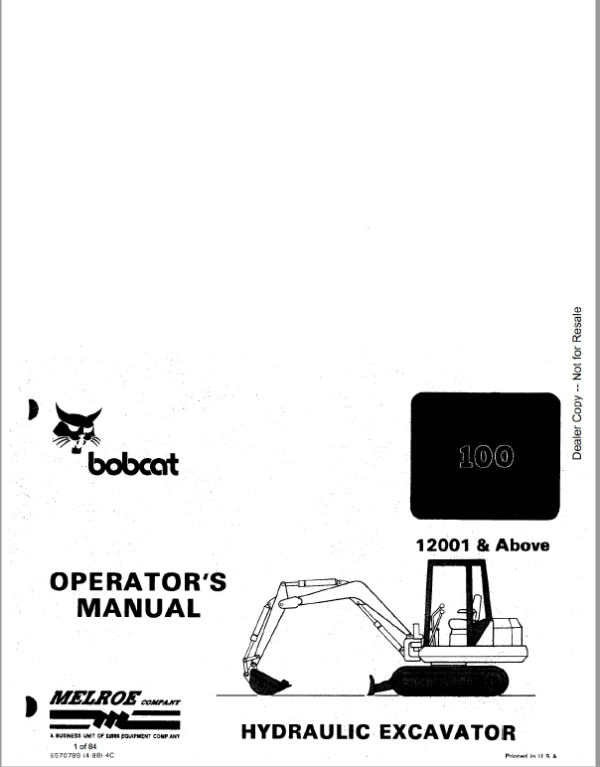 Bobcat X100 Excavator Service Manual