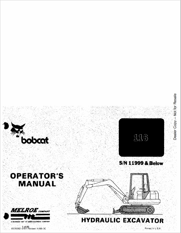 Bobcat 116 Excavator Service Manual