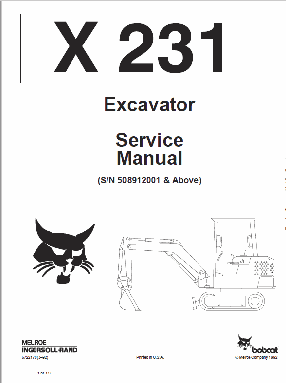 Bobcat X231 Excavator Service Manual