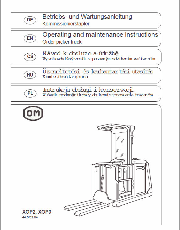 OM Pimespo XOP2, XOP3,  XOP2ac and XOP3ac Ordre Picker Workshop Repair Manual