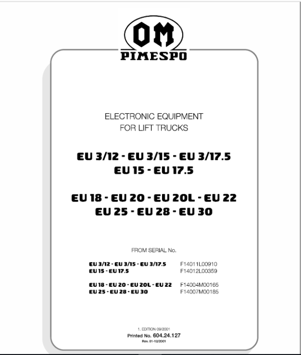 OM Pimespo EU18, EU20, Eu20L, EU22, EU25, EU28 and EU30 Forklift Workshop Manual