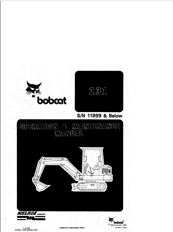 Bobcat X231 Excavator Service Manual