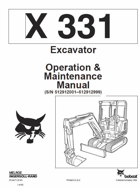 Bobcat X331, X331E and X334 Excavator Service Manual