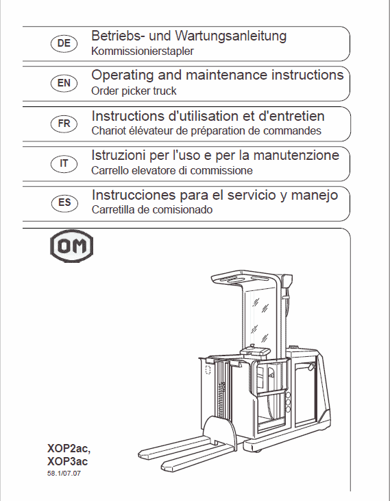 OM Pimespo XOP2, XOP3,  XOP2ac and XOP3ac Ordre Picker Workshop Repair Manual