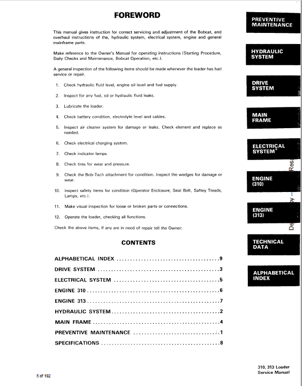 Bobcat 310 and 313 Skidsteer Loader Service Manual