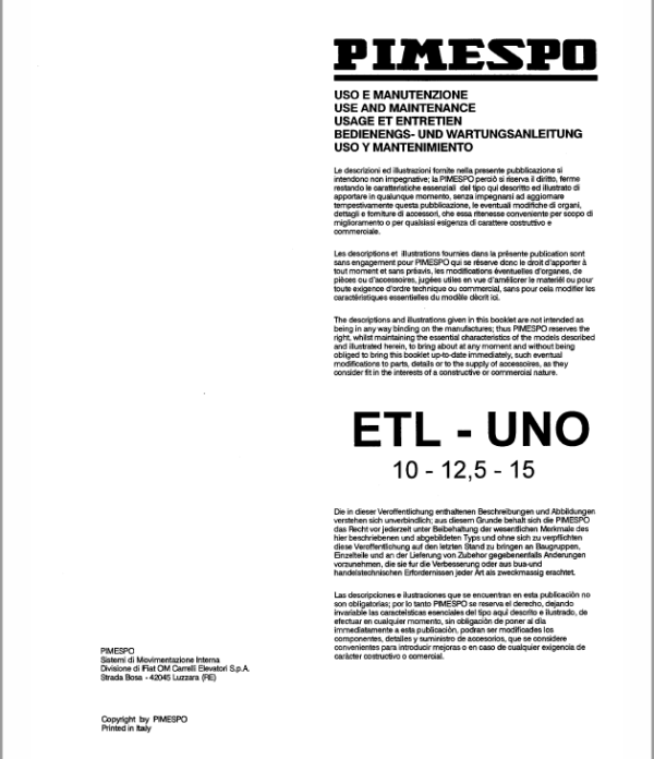 OM Pimespo ETL10 Forklift Workshop Manual